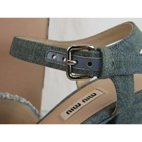 MIU MIU 5XP832 BLUE WASHED DENIM BUCKLE ANKLE STRAP SANDAL PLATFORM PUMPS 37 - Picture 4 of 14